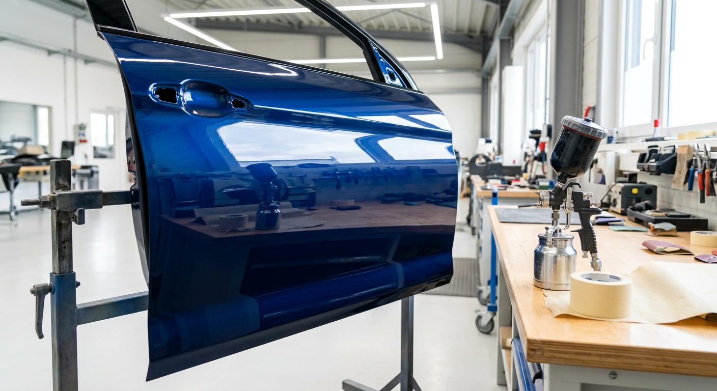 Freshly painted glossy car panel on a clean workshop bench