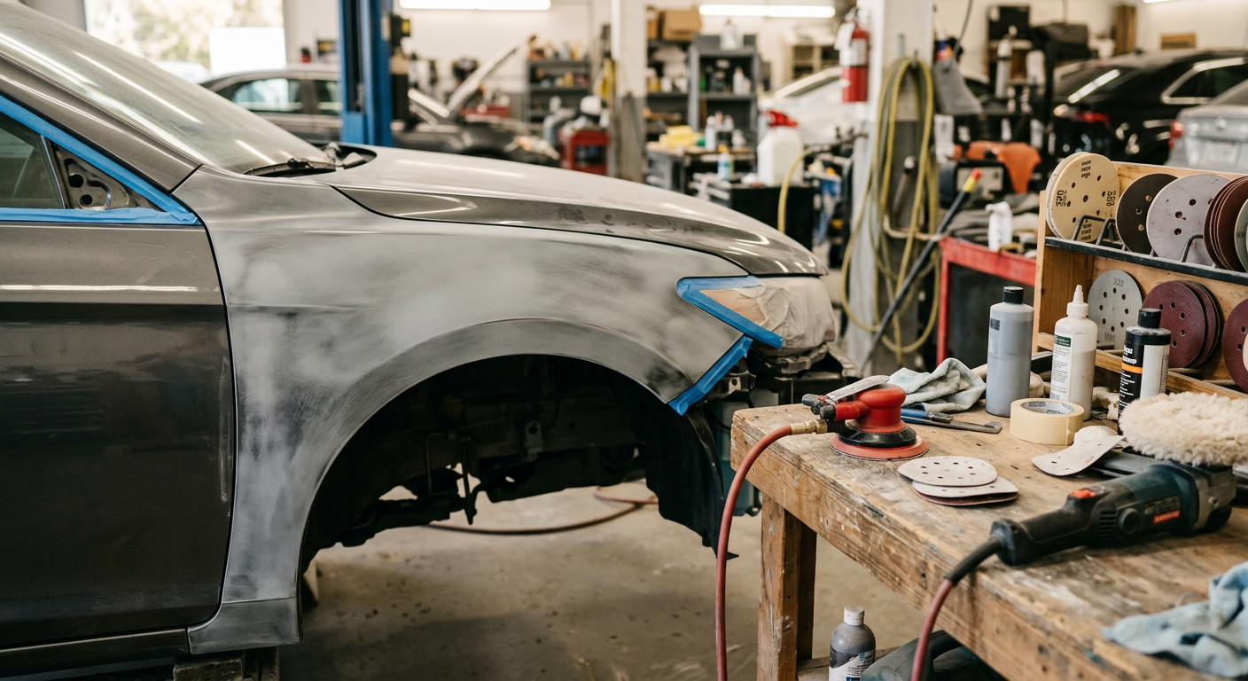 Car panel prepared for repair on a workshop bench